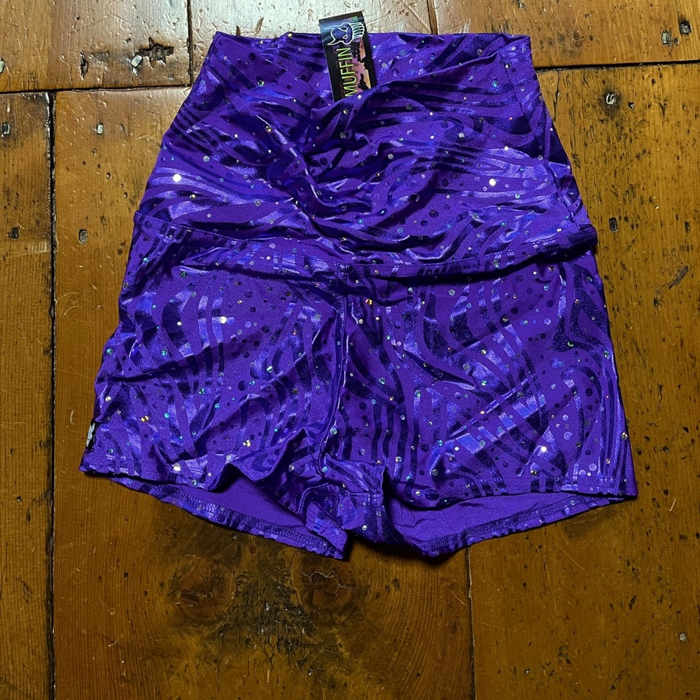 Monster muffin purple high waisted sparkly roller derby booty shorts dance NWT